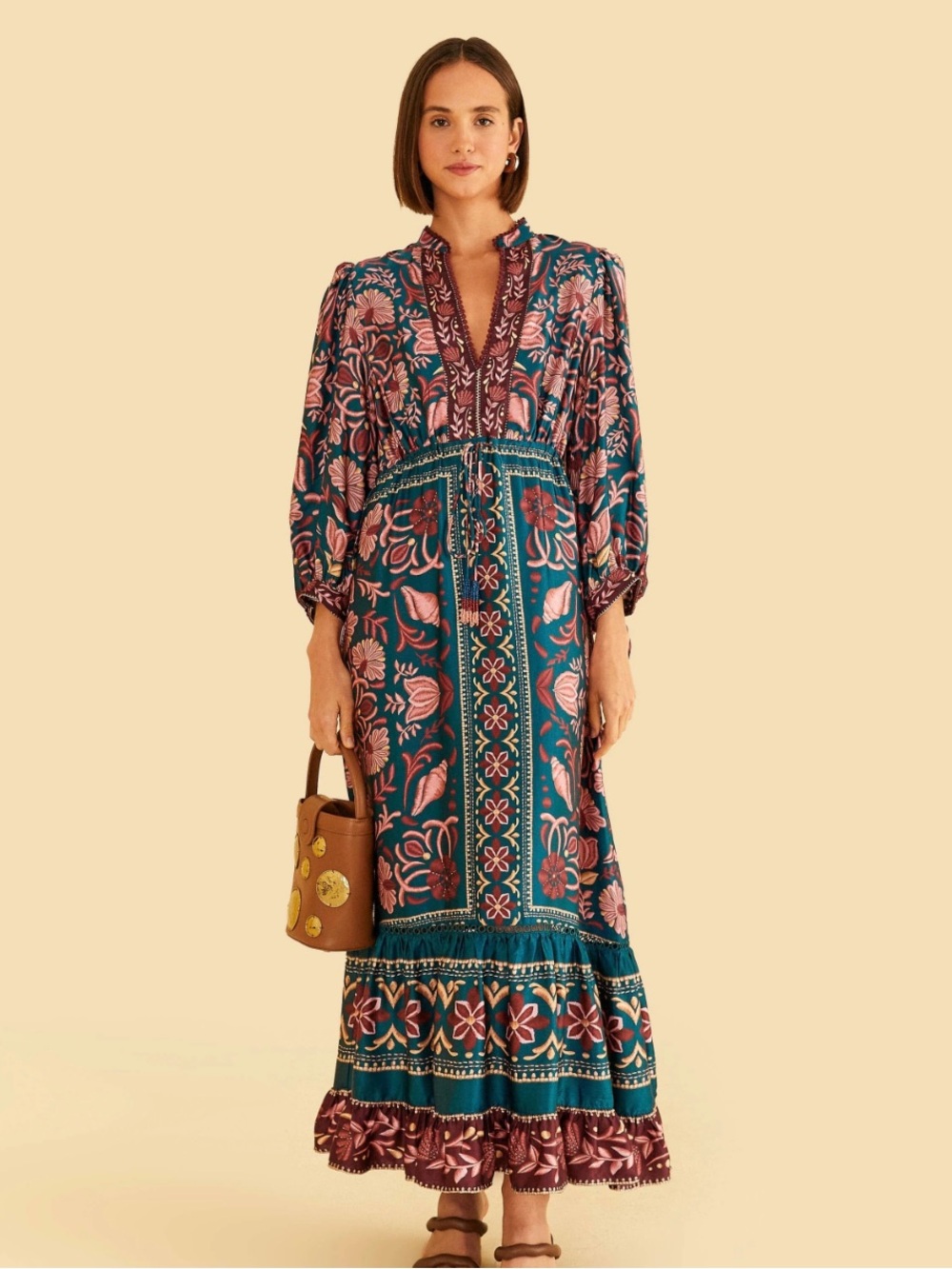 FARM Rio Seashell Tapestry Printed 3/4-Sleeve Maxi Dress S
